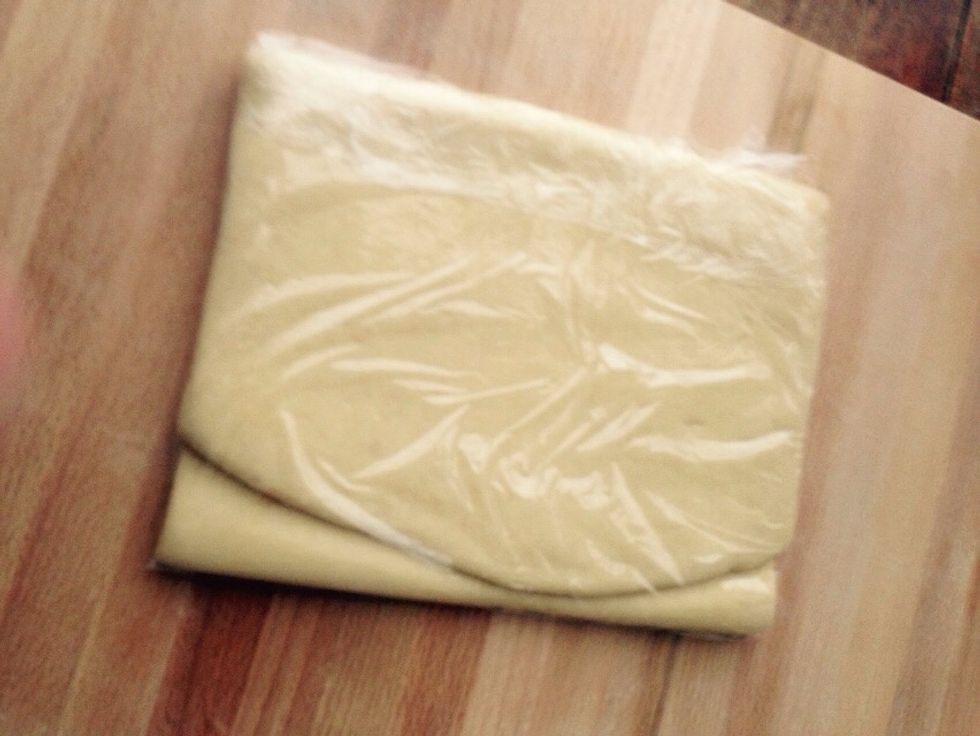 Now cover it in film and refrigerate for 30min. Then repeat the lengthening and folding other 2 times in the same way and direction, this will develop 27 layers by the end.