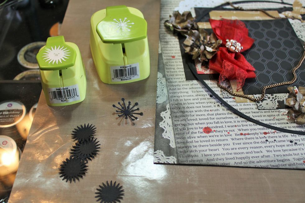 Now, create the centers for your flowers. I used to punches and some black cardstock. Pearls, brads, or other bling would also make a great flower center.