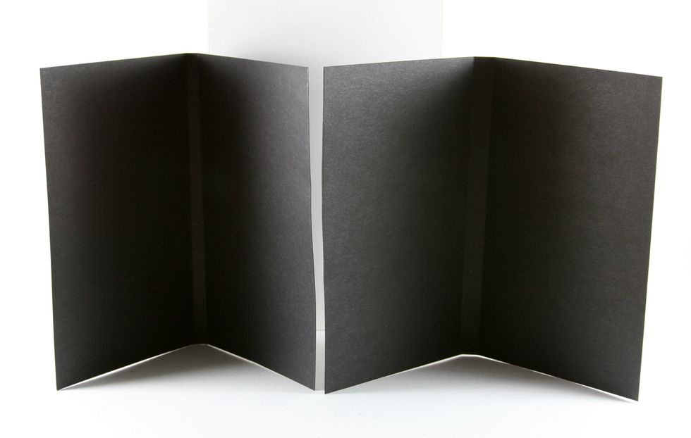 Now cut 1 piece of black cardstock 6 x 7 3/8 inches. Using a score board score at 3 1/2 & 3 7/8 inches. Now cut another piece of cardstock 6 x 7 1/4 inches. Score at 3 1/2 & 3 3/4 inches.