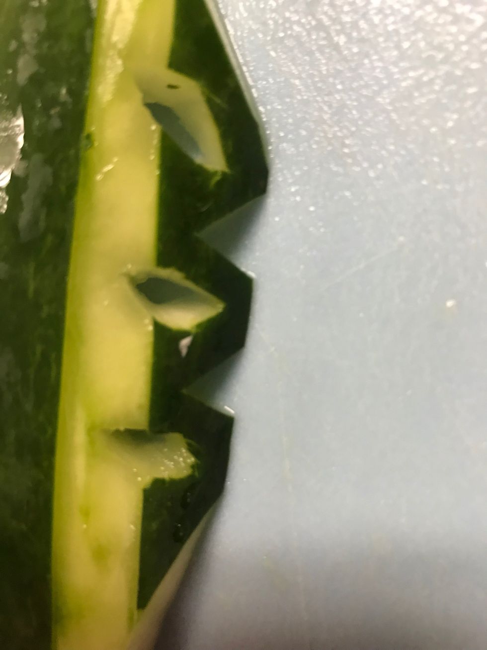 Now cut 2 small triangles out of each side without cutting into the holes.