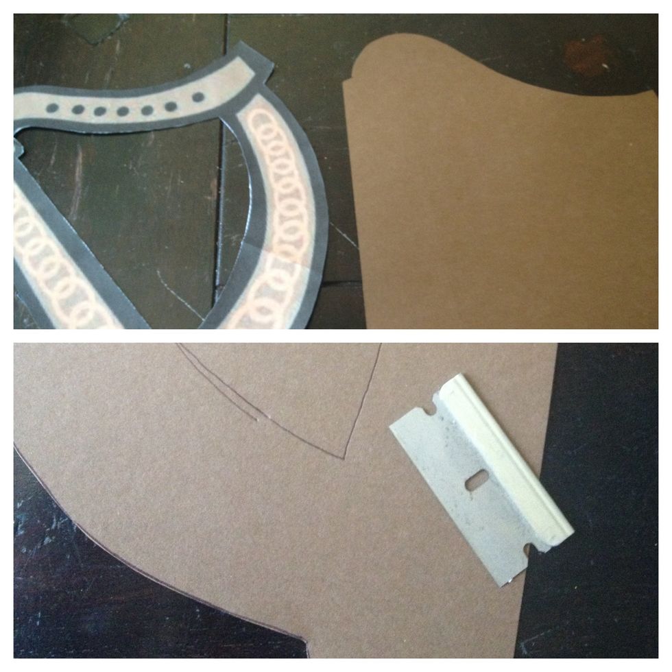 now cut out a half inch smaller, chocolate brown harp using the same techniques. this will add dimension to the card and will show more detail that the previous, bolder glitter paper.