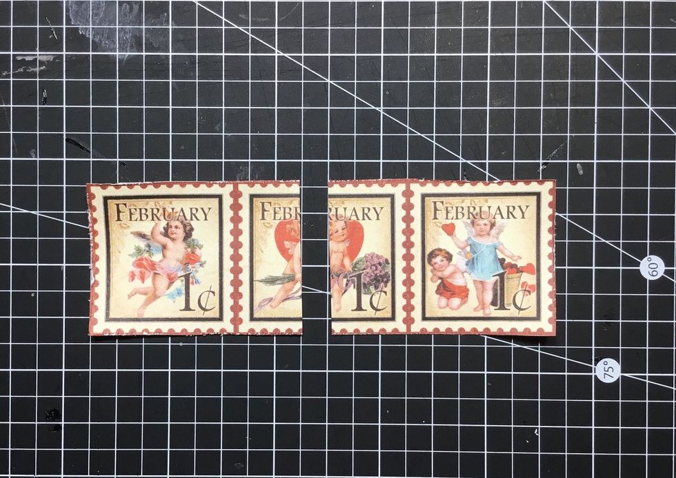 Now cut the stamp trio piece in half as shown.