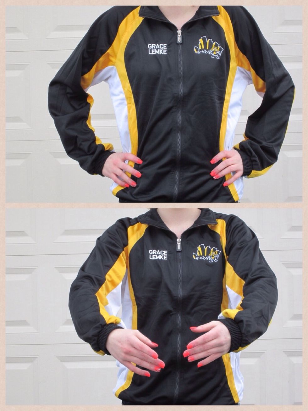 Now decide on your arms. You can put them on your hips or In between your rib cage and belly button (1st position). Make sure you press your shoulders down and your arms sturdy.