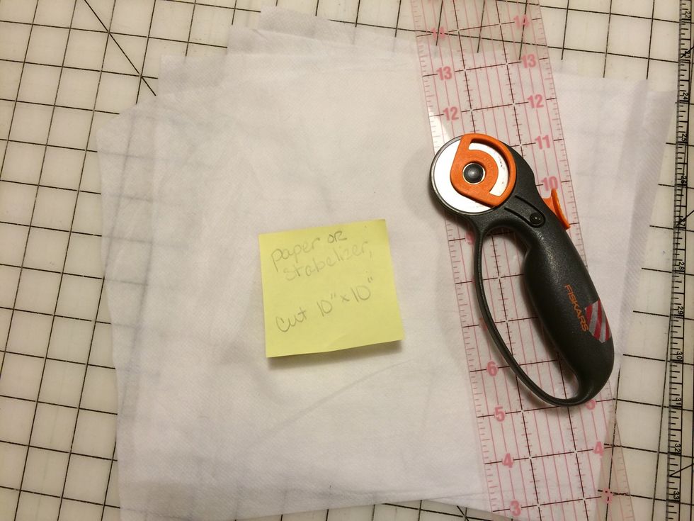 Now decide what type of foundation piece you will use. If you have stabilizer use that, otherwise just use notebook paper. Cut it into a 10" square.