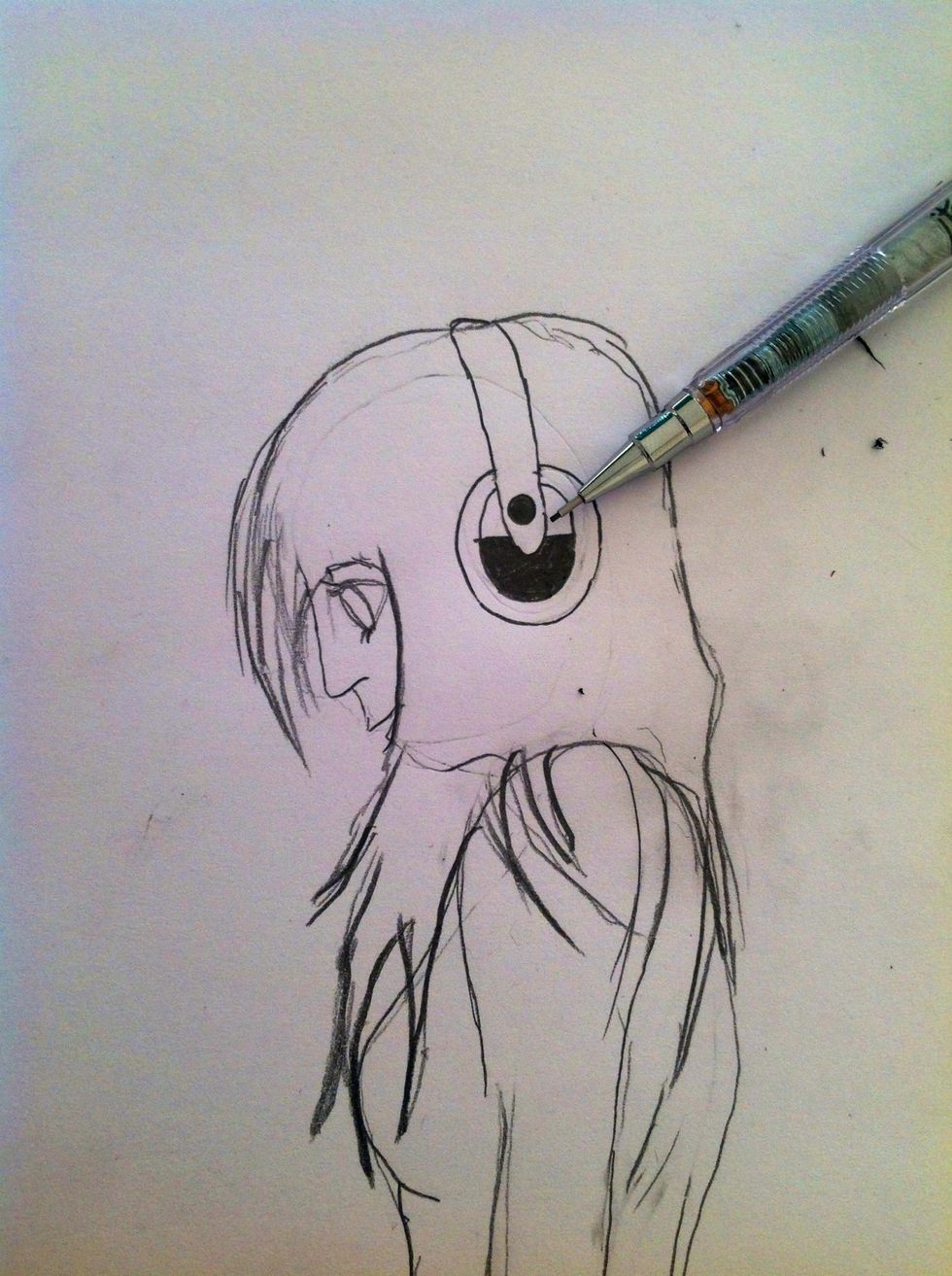 Now draw small cute headphones and also draw the hair....