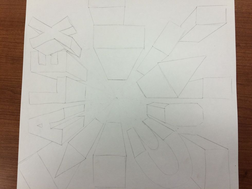 Now draw the lines at the bottom of your buildings. Buildings that are close to the vanishing point should end closer to the vanishing point. Buildings that are further away should end further away.