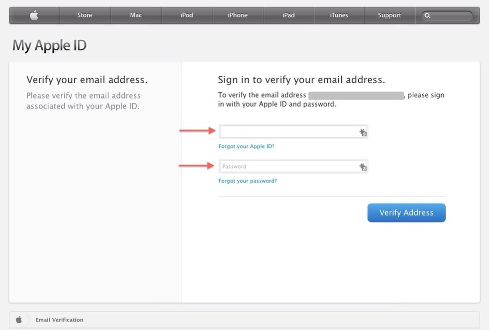 Now enter your new Apple ID (email address) and the password you created. Remember that it is at least 8 characters long with at least 1 capital letter and at least 1 number. Click the blue button.