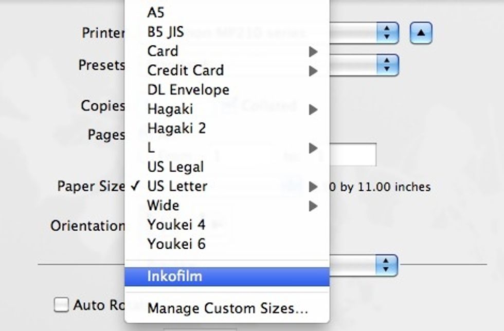 Now, every time you go back to the "Paper Size" pulldown menu in the Print window, you can select the "Inkofilm" preset. All you have to do now is press Print!