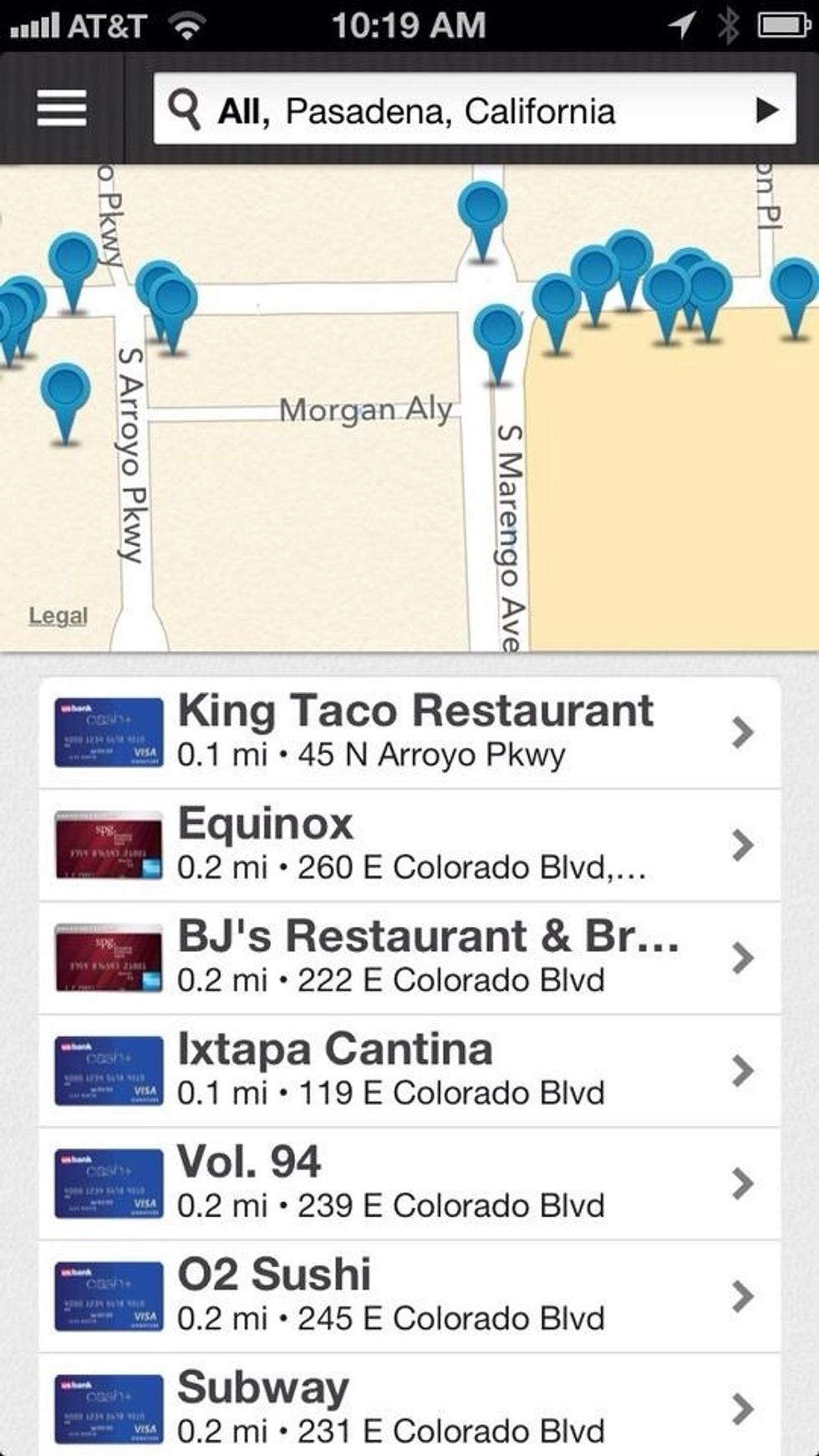 Now every time you open the app, you'll see the locations near you along with the best card to use at each. Tap any of the locations to get more details and to set up the Foursquare connection.