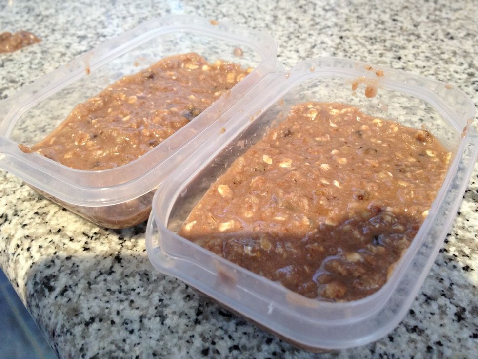 Now fill some small tupperware with the mixture, spreading it evenly. Now its ready to be put into the freezer.