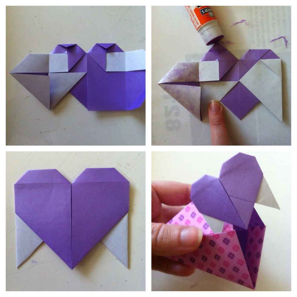 Now fold bottom left corner up (pic1). Repeat on those 2 folds on right. Slap glue on there & refold left n right tips to center. Turn over. Heart done. Tuck white tips into pockets of box...