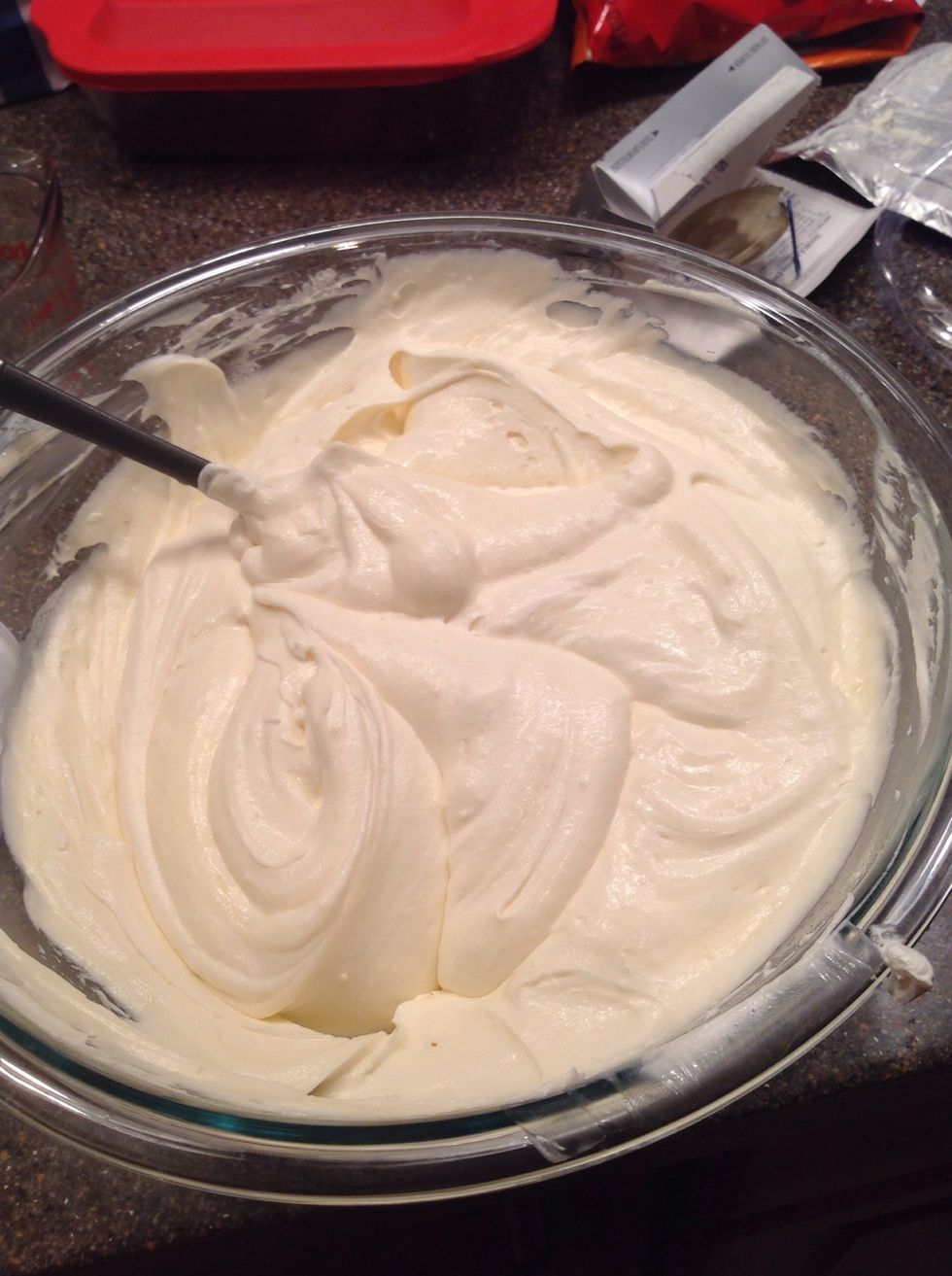Now fold in cool whip until well blended.... Take a taste.... Mmmmm, yummy....