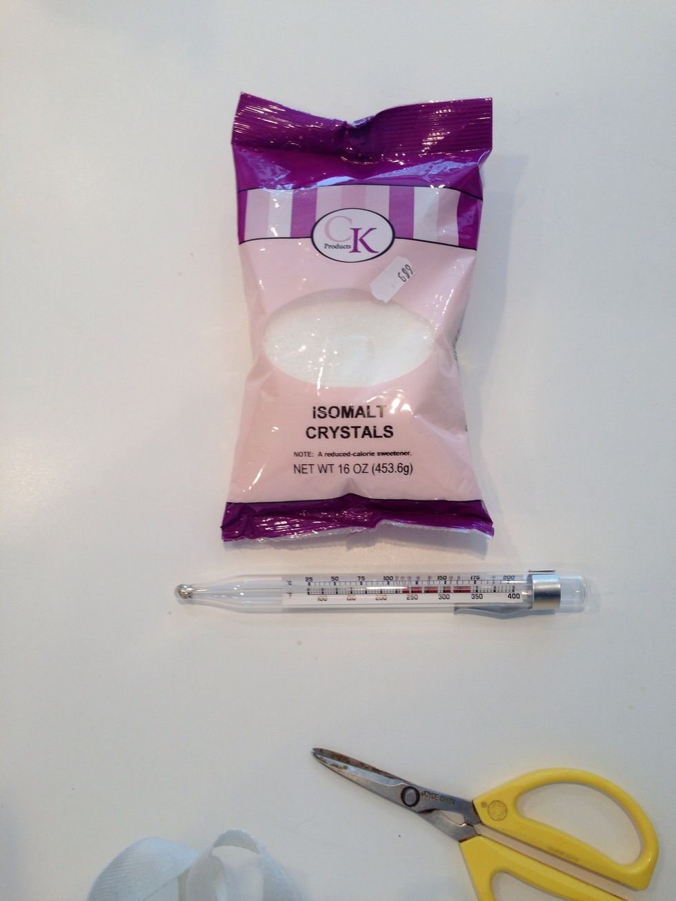 Now for some fun! Isomalt is the "food" product that is going to melt into clear windows. It comes from a candy store, and says, right there, reduced calorie sweetener, but let's just not eat any.