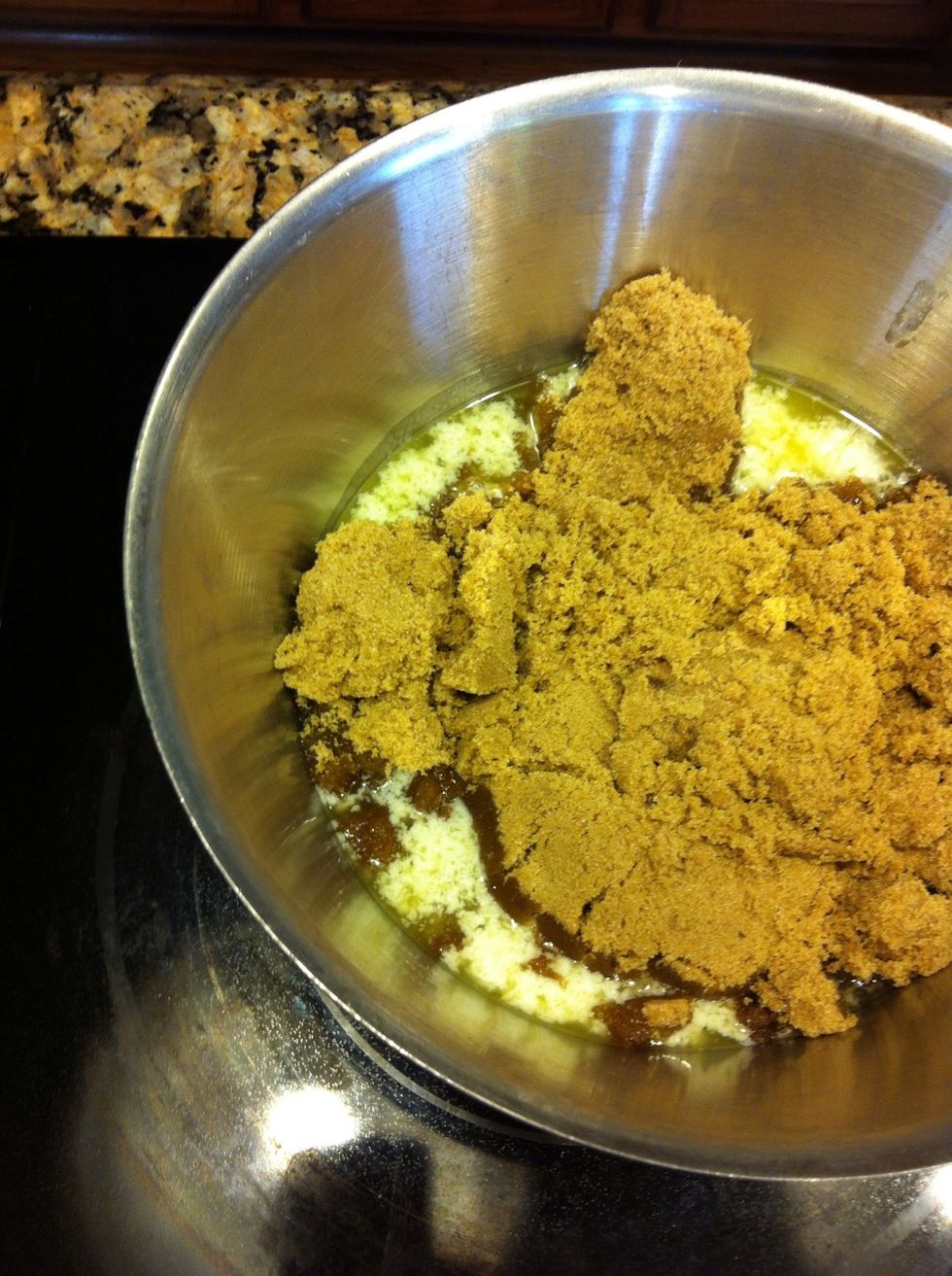 Now for the caramel: 2 cups brown sugar, 2 sticks butter, 1 tsp salt, 1 tsp vanilla and 1/2 c white karo syrup. Bring this to a gentle boil and cook about 5 minutes.