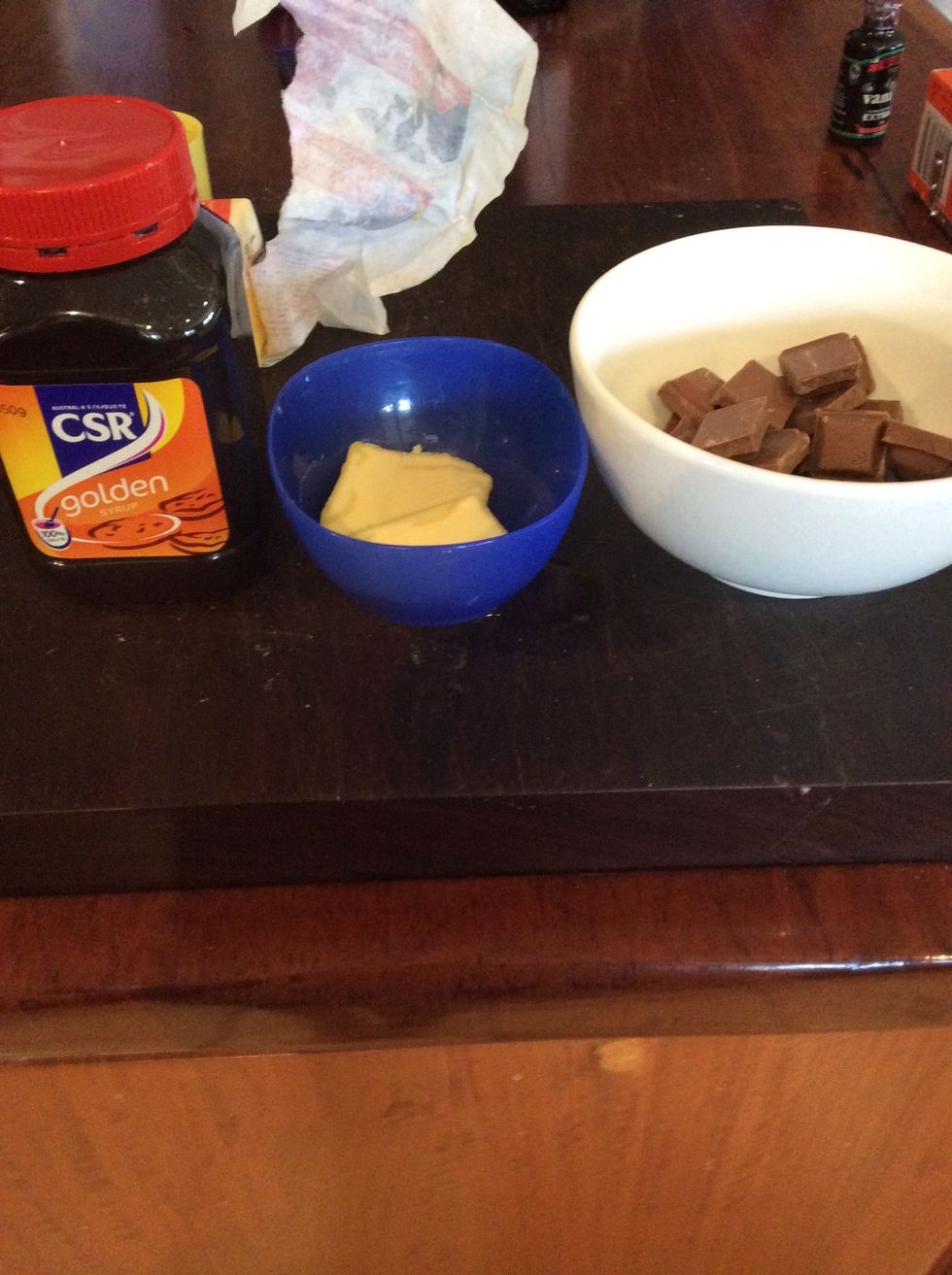 Now for the chocolate sauce. Add chocolate golden syrup and butter and put on top saucepan with boiling water in it until melted.