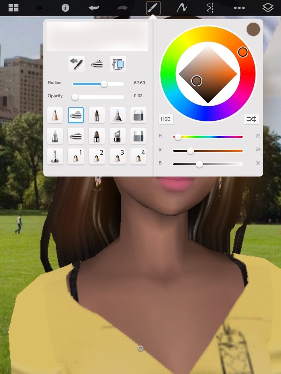 Now for the close finally choose a light a little dark brown or any color for the hair yes we are dying it, opacity is on 0.03 and radius is on 62.60