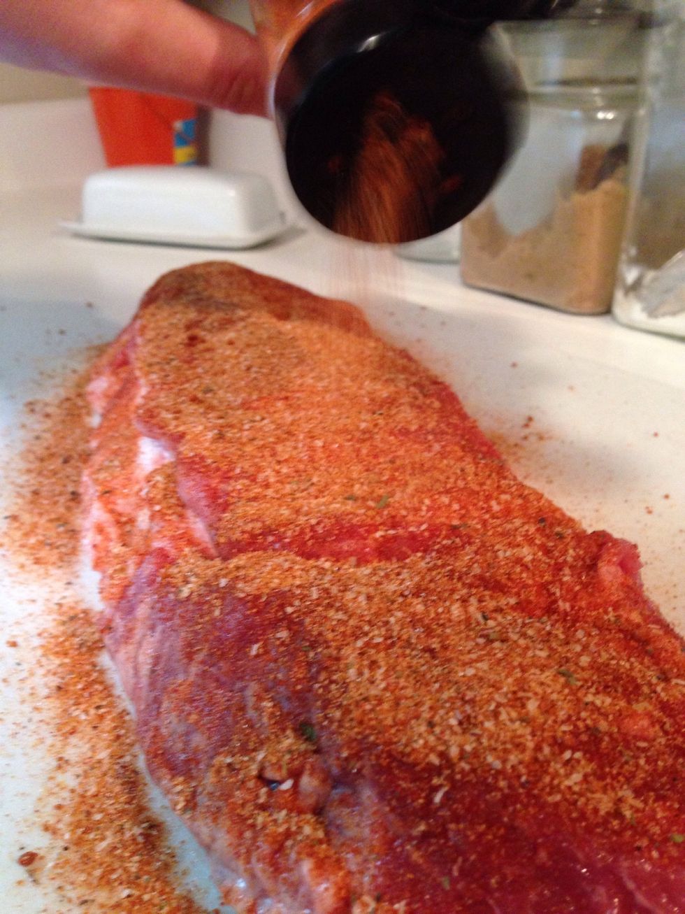 Now for the dry rub. Generously coat all exposed surfaces with dry rub and pat in with your hands.
