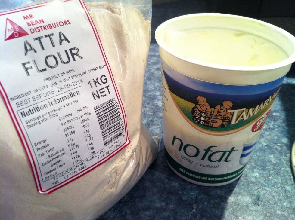 Now for the flat bread. It's important to use atta or whole wheat flour for this.its the same flour used in making chapati or poori. You will also need oil, salt, water & non fat plain or Greek yogurt