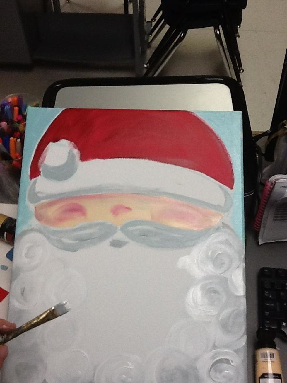 Now for the fun part! Don't rinse your brush, get white paint and start filling in the beard with white swirls. The white paint will pick up the grey and give it texture.