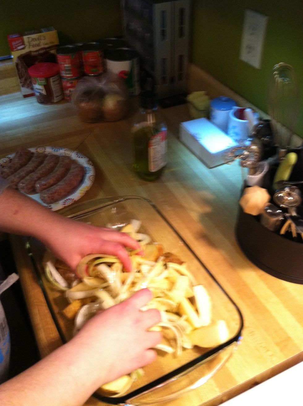 Now for the fun part!  Get your (clean) hands dirty!!! Mix everything in baking dish.