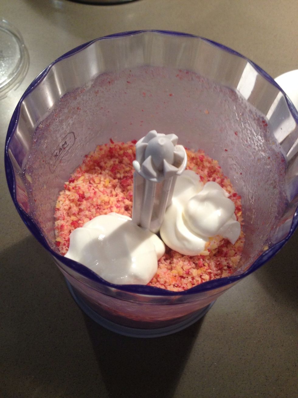 Now for the judgement part: add the creme fraiche (or yoghurt). The trick is to add enough to bind the fruit but not too much. I've added a couple of dessert spoons here...