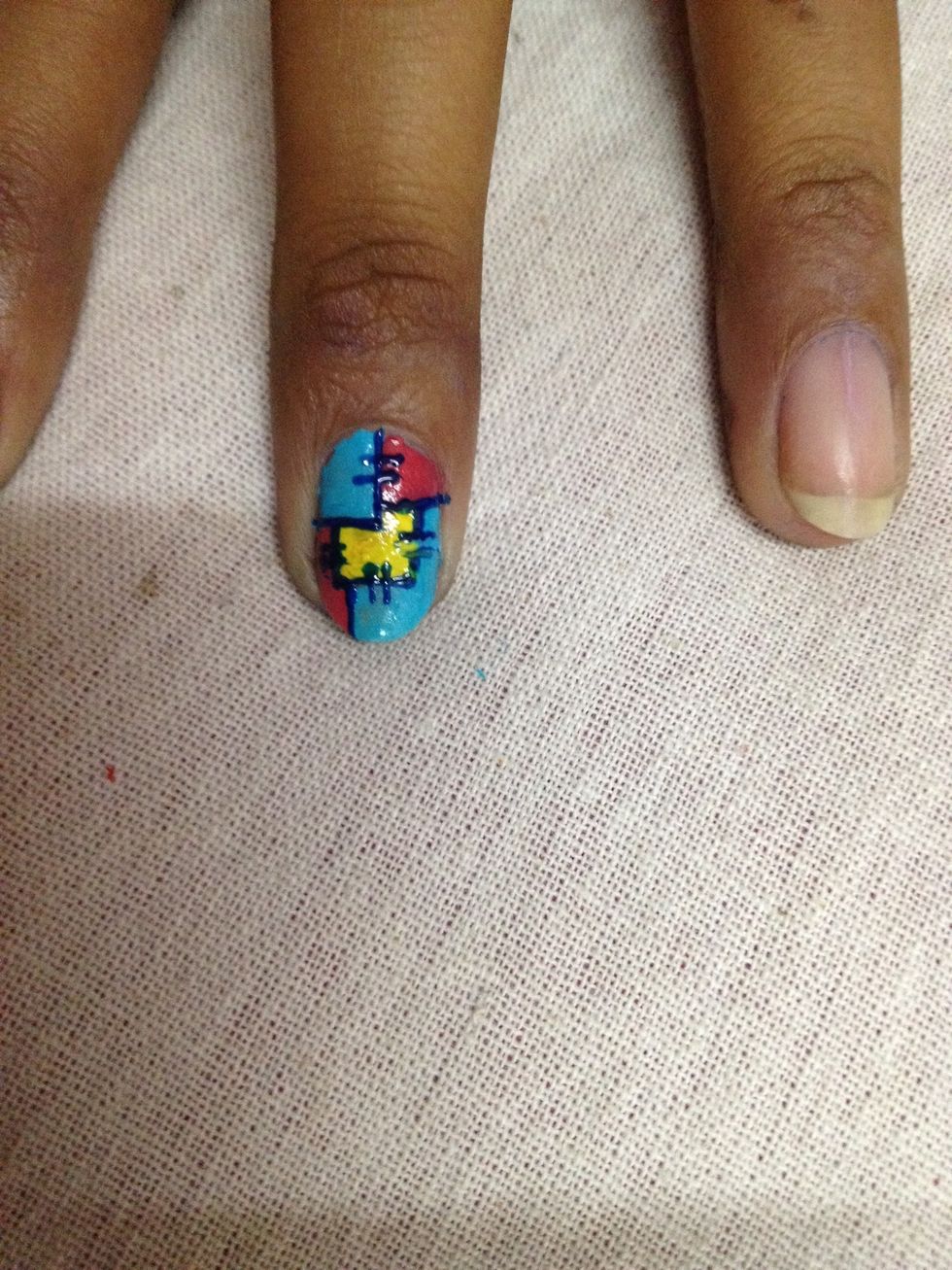 Now for the outline..outline the squares and I make them look like they are pieces of cloth stitched together..I rushed din wait for it to dry and screwed up one of the boxes..