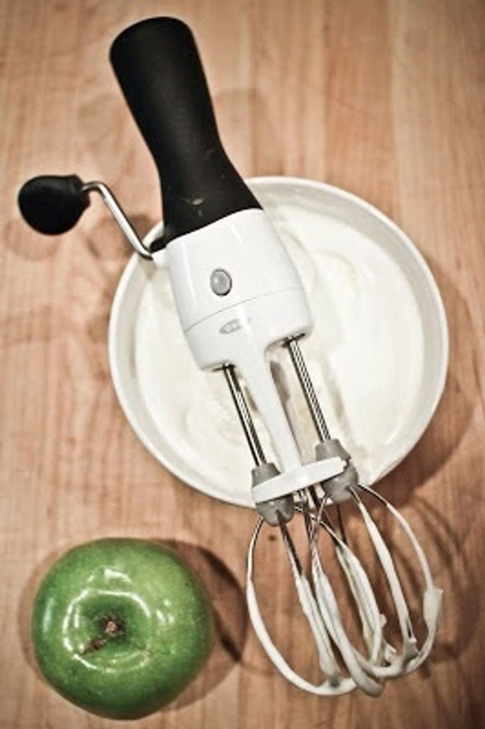Now for the pistachio cream.Empty the whipping cream into a chilled bowl. Since the cream should only be lightly whipped, the control that one gets from a hand beater works best