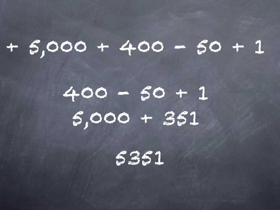 Now for the smaller numbers. 400 - 50 = 350 (Do it whichever way is easier to do in your head) + 1 = 351. + 5,000 = 5,351