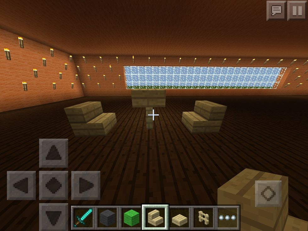 Now for the tables! First get a fence and place it where ever you want. Add a slab on top of the fence and stairs on either side. Add as many tables as you want in your shop.