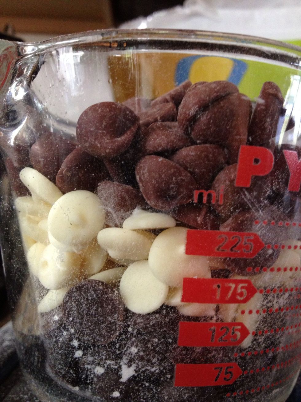 Now for the triple chips! I measured out, roughly, 1/2 cup of each kind, but use as much as you like ;)