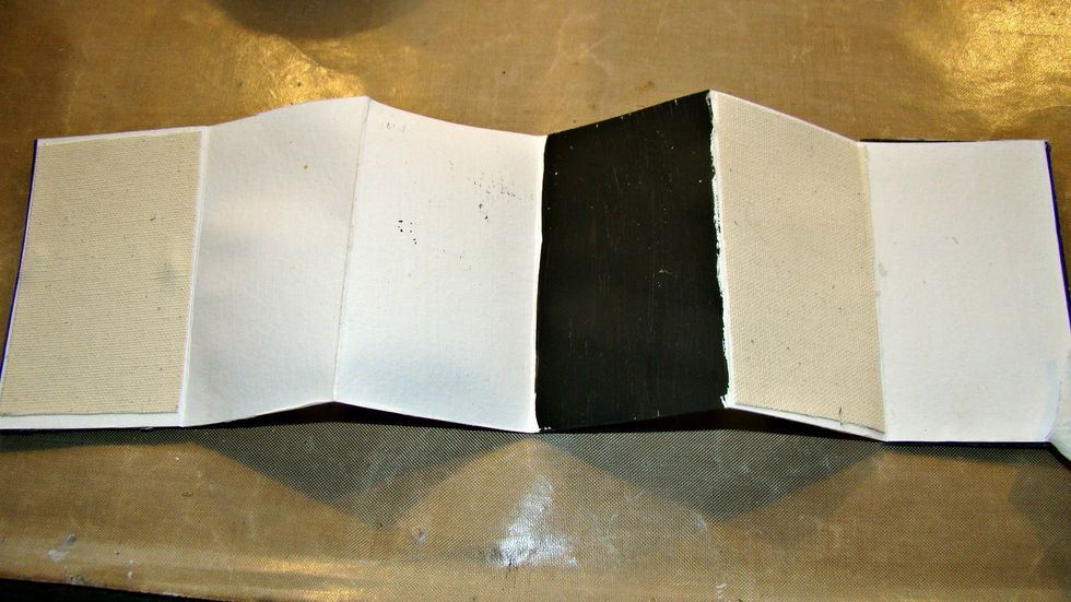 Now for your canvases, on a couple pages I added sticky back canvas & also watercolor paper. Then on the rest I prepped them with black gesso and clear gesso.