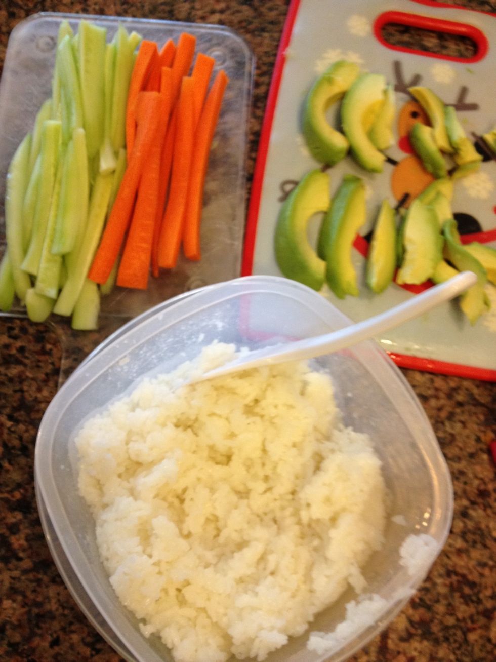 Now, gather all ingredients to be rolled into your sushi.