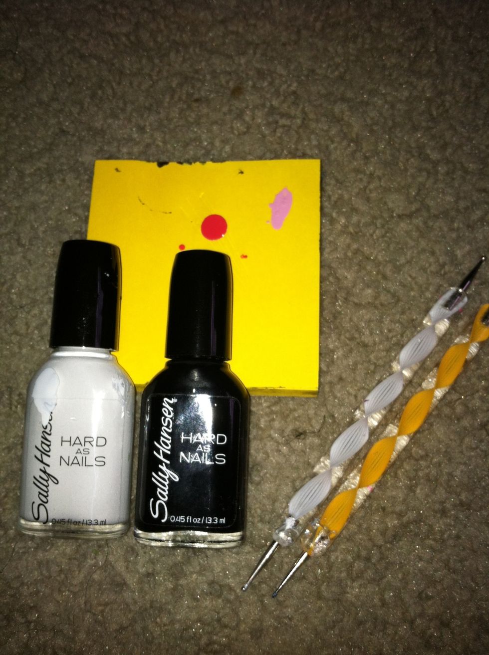 Now Gather your materials for the design.If you don't have dotting tools you could always use a bobby pin,toothpick,or even the back of a paintbrush