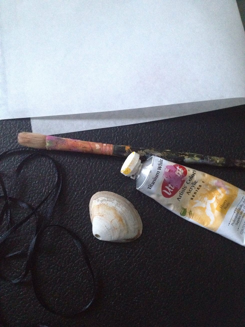 Now gather your other supplies. My shell already had a natural hole in it but if your's doesn't you can drill one in.