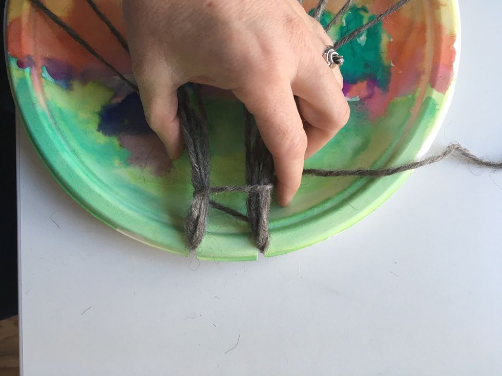 Now gather your tree trunk at the bottom of your plate and wrap the rest of your yarn around ALL of your branches.