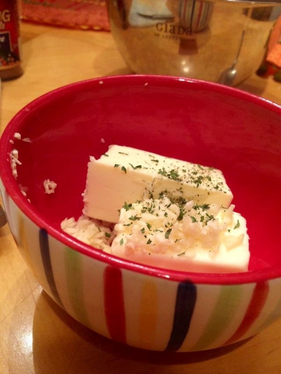 Now get REAL butter, and chop 3 cloves of garlic (finely chopped) and some parsley. Let the butter get room temp & mix, set aside.