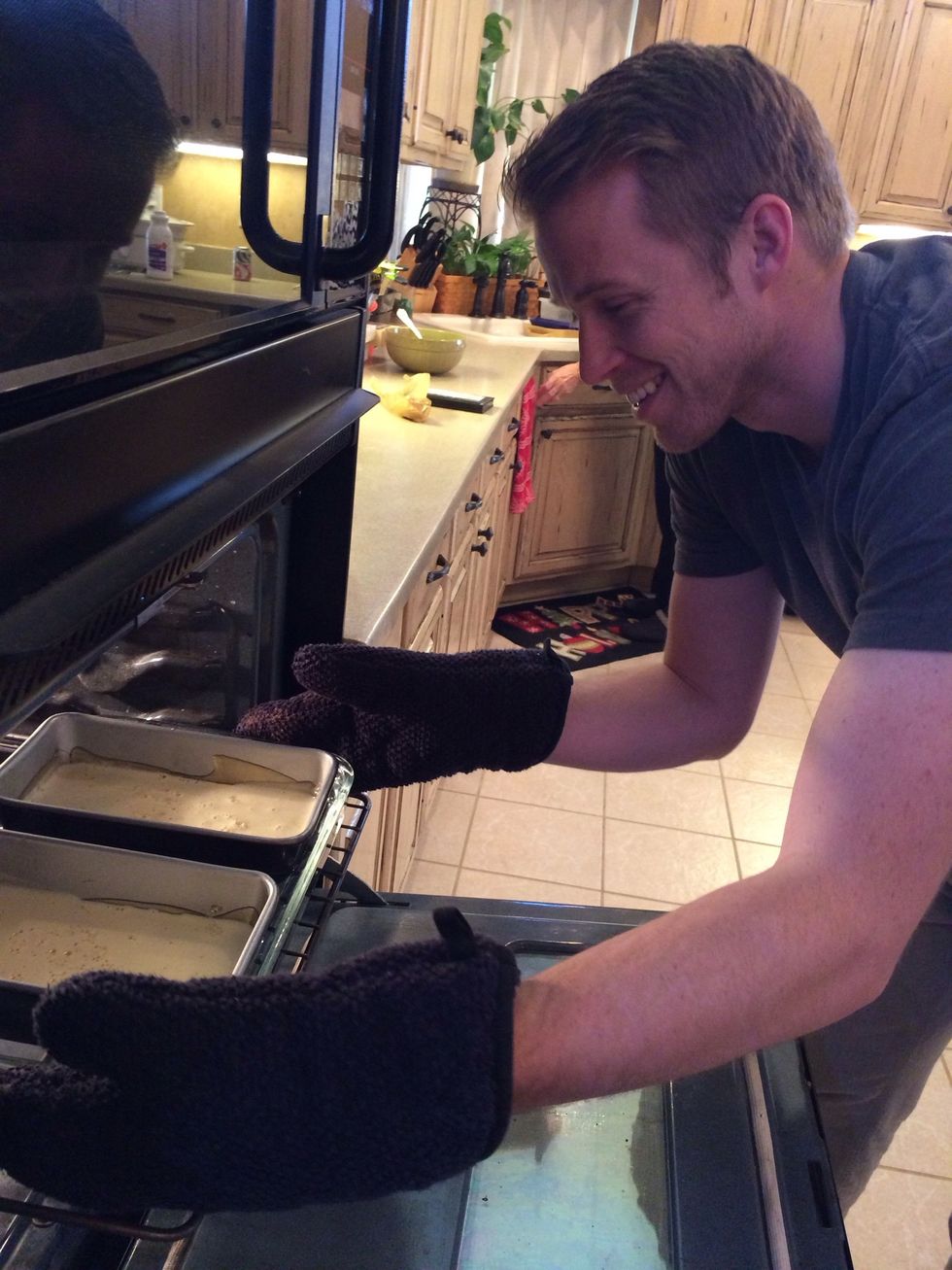 Now, get super happy like me, and put the two bread pans in the water and bake at 300 degrees for an hour or so.