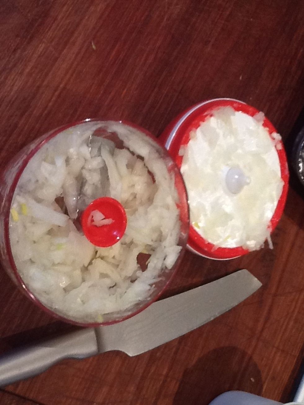 Now get the onion and finely dice it i used a Manuel blender but you can cut it by hand.