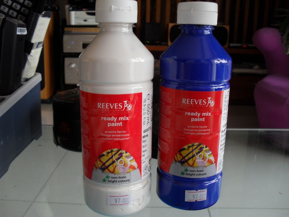 Now get your paints ready with whatever color you want. I'm using blue for this one, and white to tint it lighter. Make sure to use acrylic, for it blends better than other types of paint.