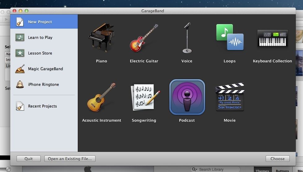 Now, go to garage band and click "New Project" and then choose "Podcast", and name the file.
