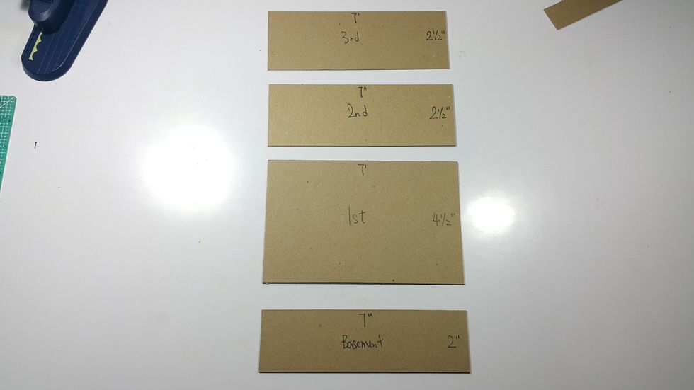 Now go to ready the front board for all floors: chipboard 2pcs 7"x2-1/2", 1pc 7"x4-1/2" and 1pc 7"x2"