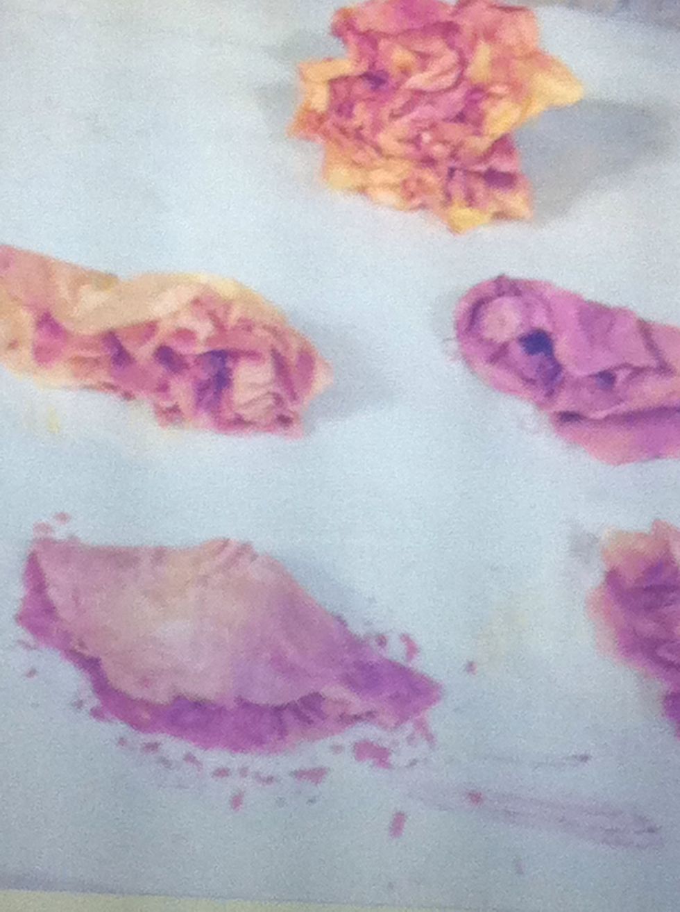 Now go to the sink and under running water RINSE your flower. Squeeze the excess water/paint off and set on paper towels, the flowers will be very mushy!