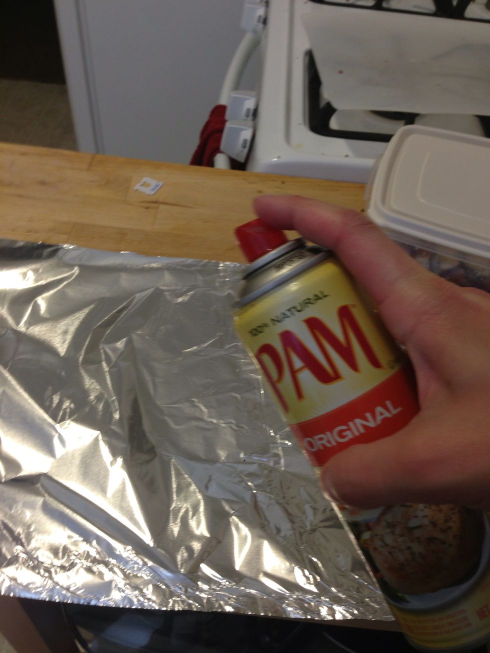 Now, grab a large sheet of tin foil. You want to make sure the potatoes will all for. Spray the foil with Nonstick spray. You can also use oil if you like.