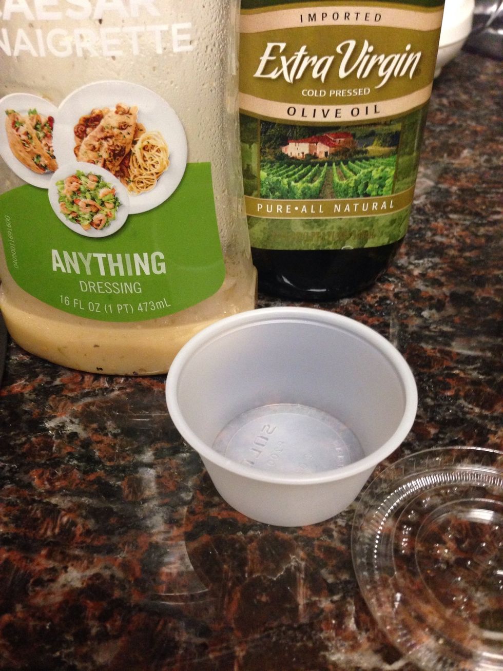 Now grab the condiment container and it's lid. I usually buy a pack of these from the market or ask for a few extra when I'm at a restaurant. You will also need to take out your dressing of choice.