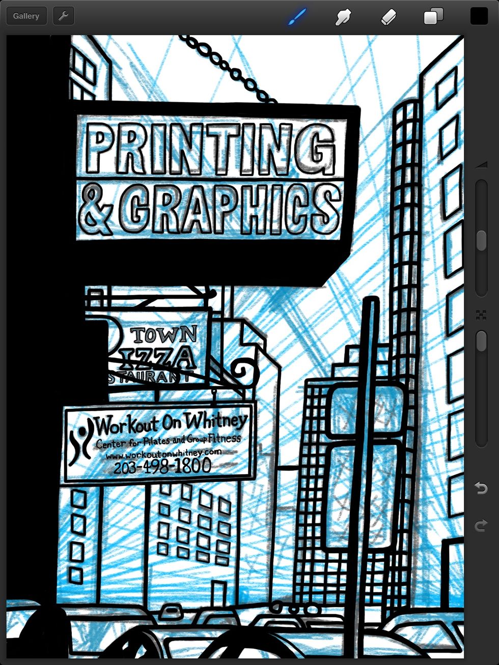 Now I can create a new top layer for my "digital ink." I use a marker and a brush tool to get a traditional comic book look. With a steady hand I render the fonts. Resting my hand on the bezel works.