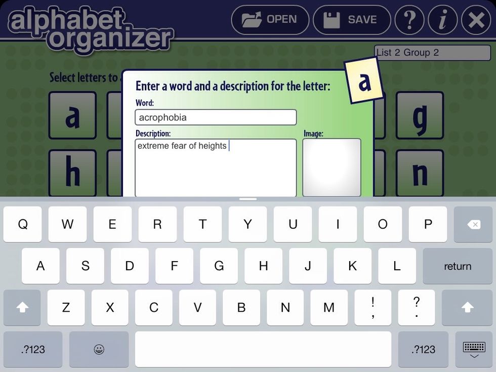 Now I can type the word, type a definition from the list or one I put in my own words, and then add an image from my camera roll.