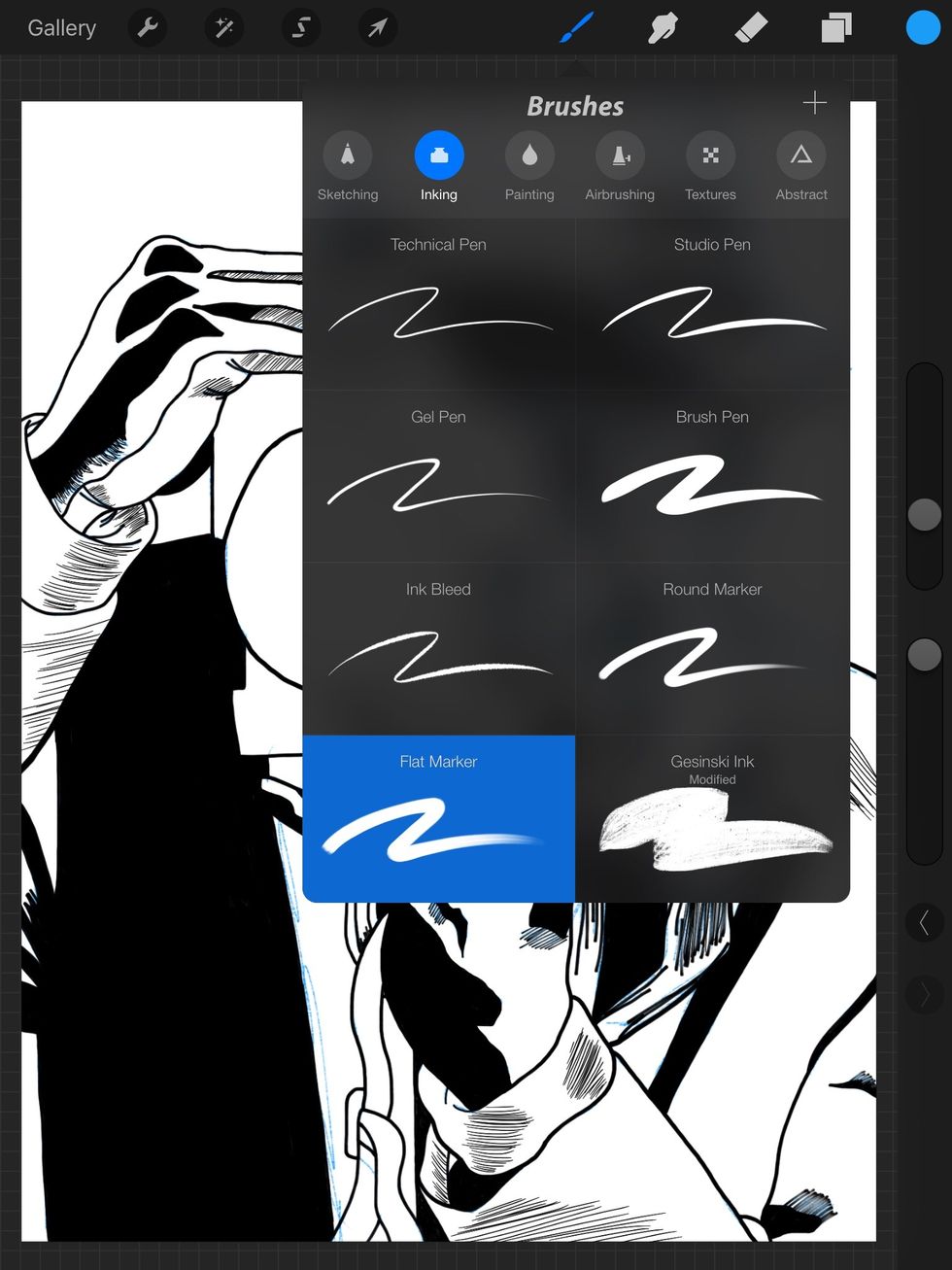 Now I create a new layer two start "inking." That is under the inking tools. For this illustration I will be using the flat market and technical pen.