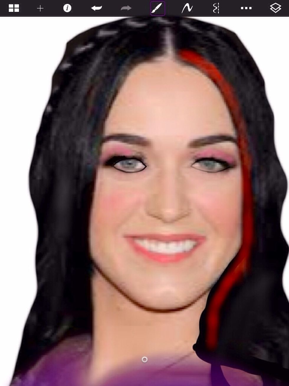 Now I erased the sides of the hair curly and added a red streak as you can see on the right