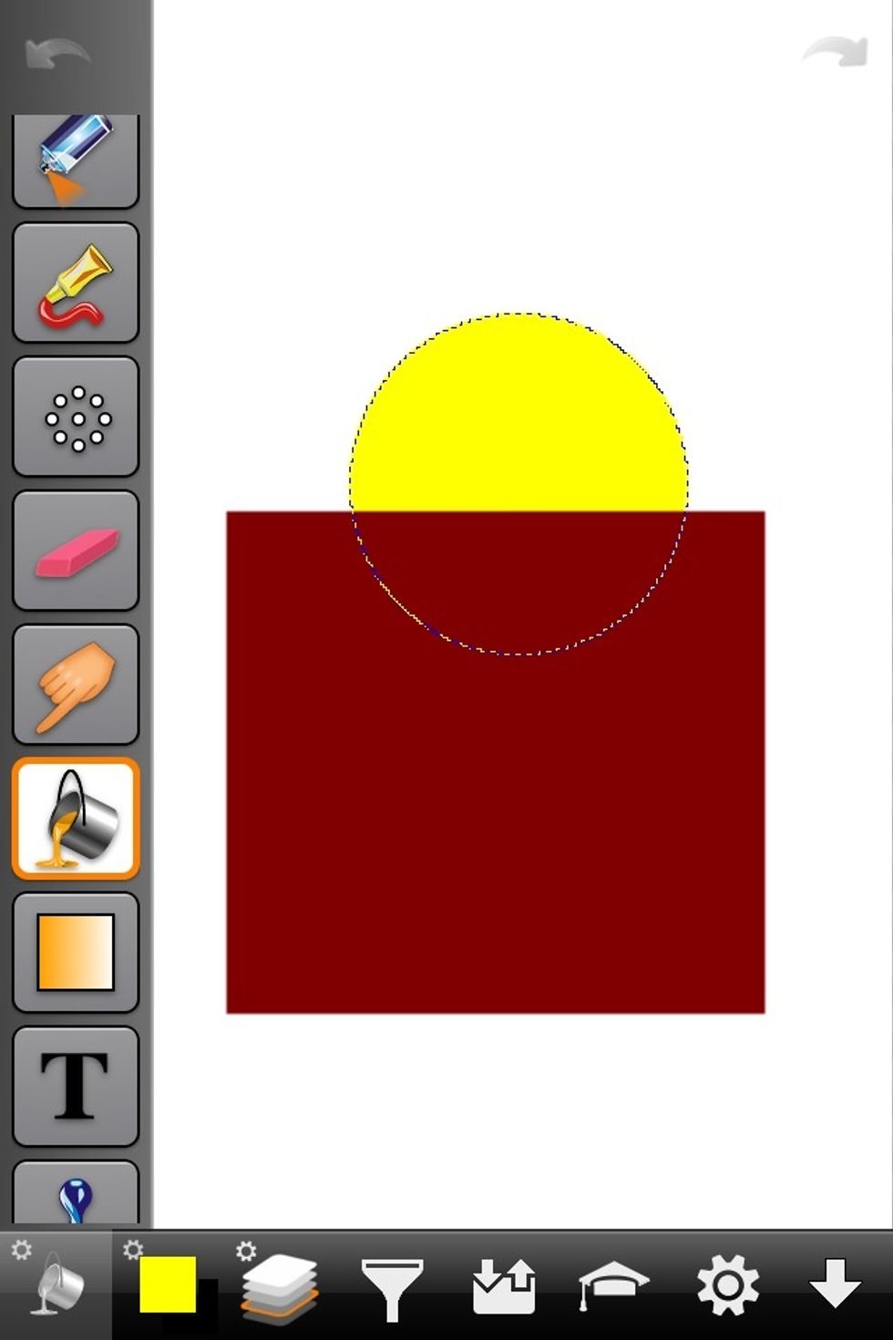 Now I filled the circle yellow. But notice only the white part of the circle filled yellow. This is because fill only works on one color at a time.