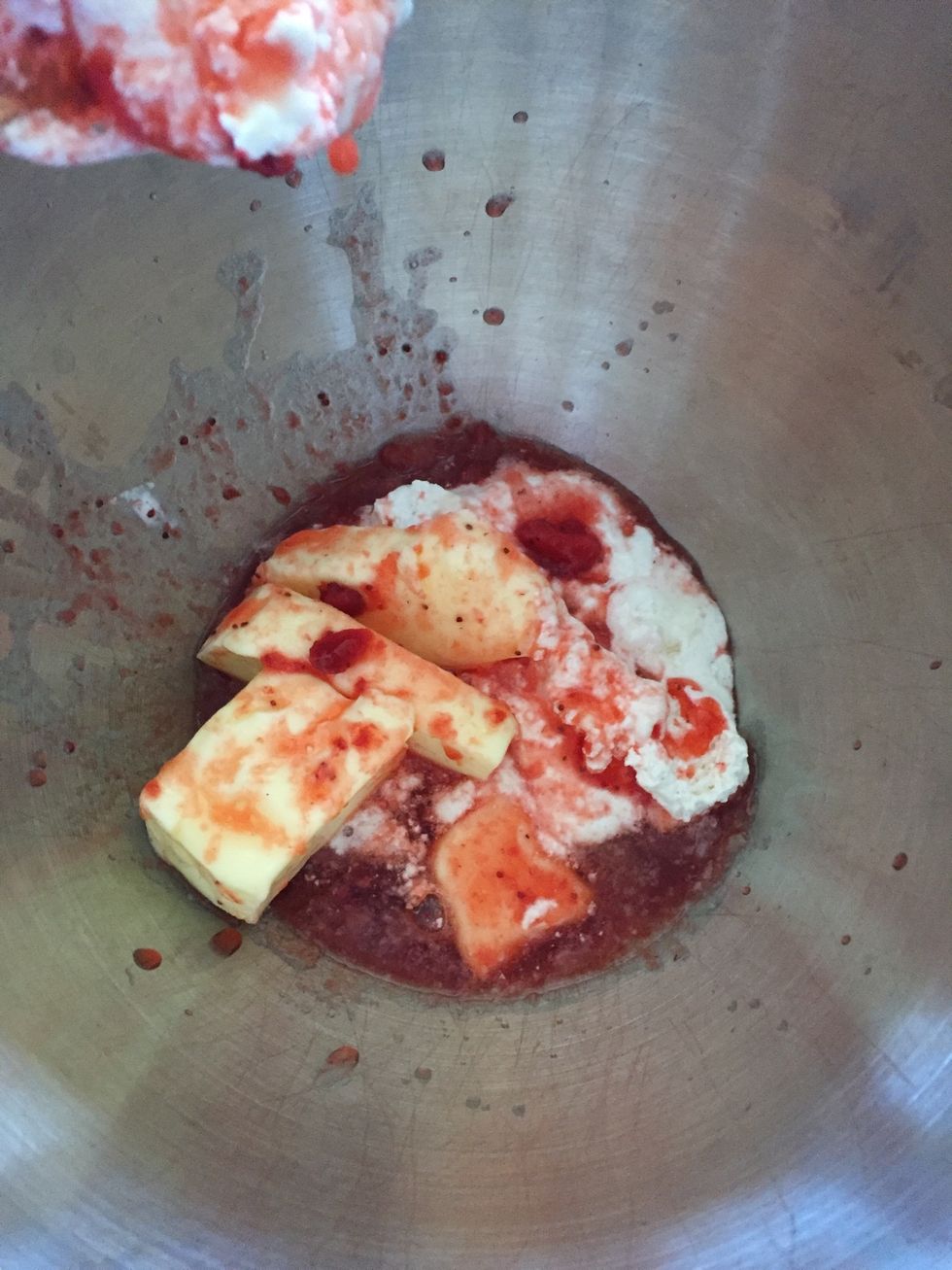 Now, I know this looks like a scene from Dexter but this is the frosting glaze: 1 stick softened butter, 2 c powd sugar and about 1/2 cup of strawberry juice and strawberries, and ab a TB of milk